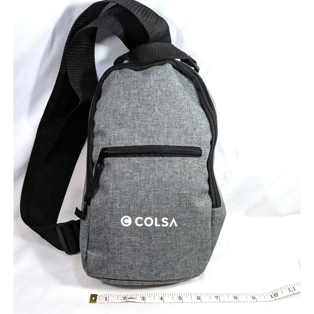 Gray Sling Bag; Adjustable Strap, Zip Pockets, Heathered Tech